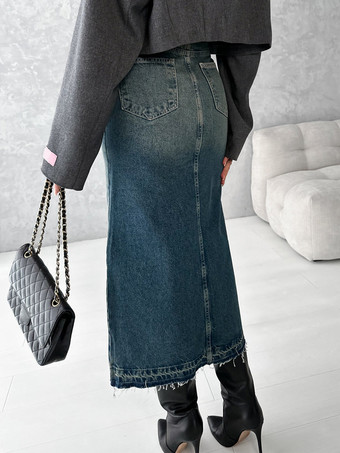 スカート ブルー デニム ナチュラルウエスト シック ハイスリット 秋 ロング レディース ボトムス