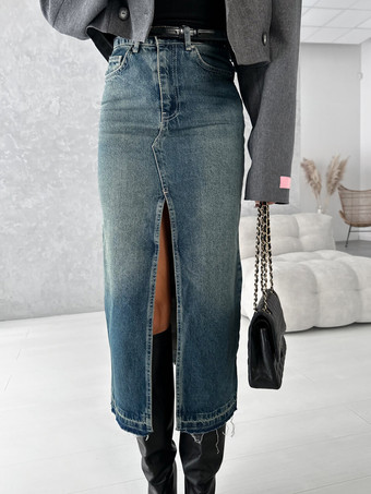 ブルー スカート ブルー デニム ナチュラルウエスト シック ハイスリット 秋 ロング レディース ボトムス