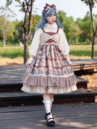ブラウンスイートロリータドレス ポリエステル ノースリーブ カスケードフリル おとぎ話のロリータドレス