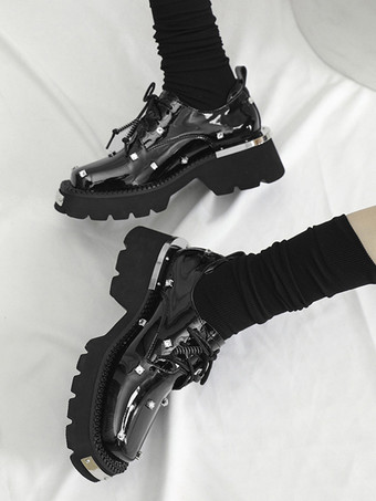 レディース オックスフォードシューズ ブラック スクエアトゥ メタルディテール レースアップシューズ