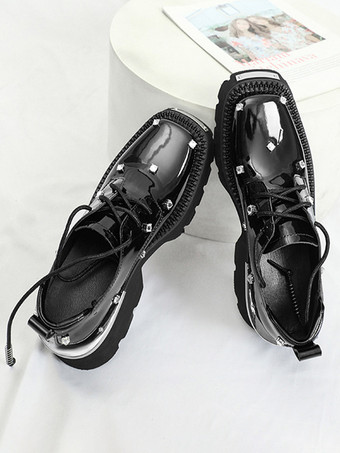 レディース オックスフォードシューズ ブラック スクエアトゥ メタルディテール レースアップシューズ