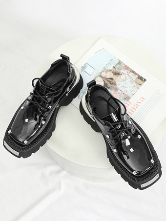 レディース オックスフォードシューズ ブラック スクエアトゥ メタルディテール レースアップシューズ