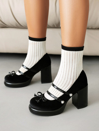 ブラック スイートロリータフットウェア レッドメタルディテール リボン ヌバック チャンキーヒール ロリータパンプス