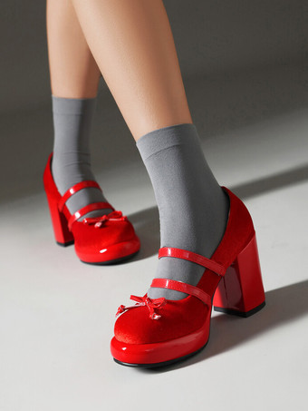 スイートロリータフットウェア レッドメタルディテール リボン ヌバック チャンキーヒール ロリータパンプス