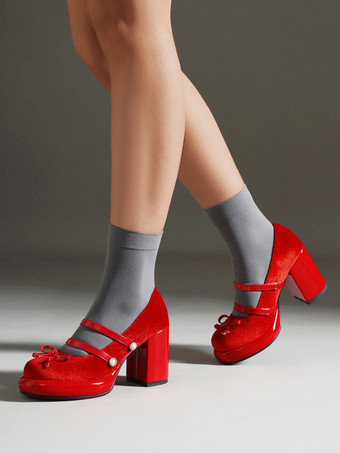 レッド スイートロリータフットウェア レッドメタルディテール リボン ヌバック チャンキーヒール ロリータパンプス