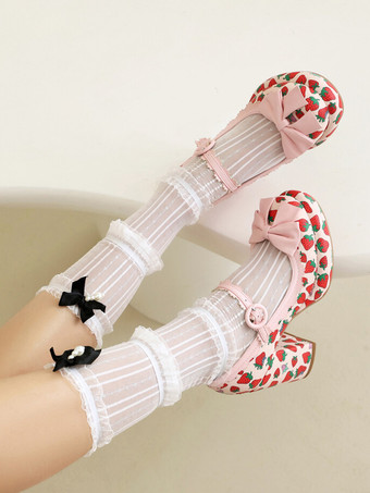 スイートロリータフットウェア ホワイトリボンアップリケ PUレザー チャンキーヒール ロリータパンプス