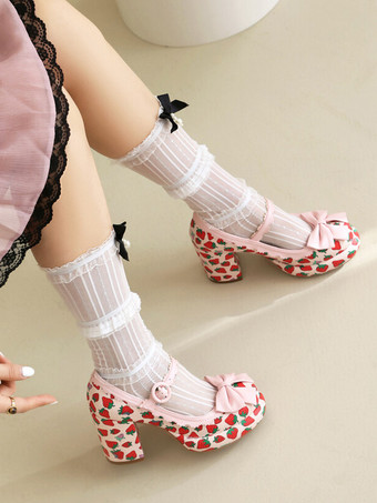 スイートロリータフットウェア ホワイトリボンアップリケ PUレザー チャンキーヒール ロリータパンプス