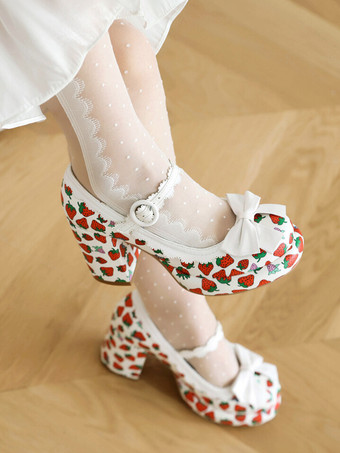 スイートロリータフットウェア ホワイトリボンアップリケ PUレザー チャンキーヒール ロリータパンプス