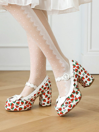 ホワイト スイートロリータフットウェア ホワイトリボンアップリケ PUレザー チャンキーヒール ロリータパンプス