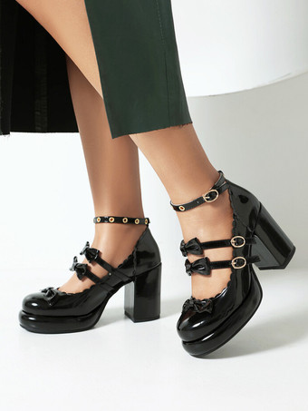 ブラック スイートロリータフットウェア 赤いリボン メタルディテール ラウンドトゥ パテントPUアッパー ロリータシューズ