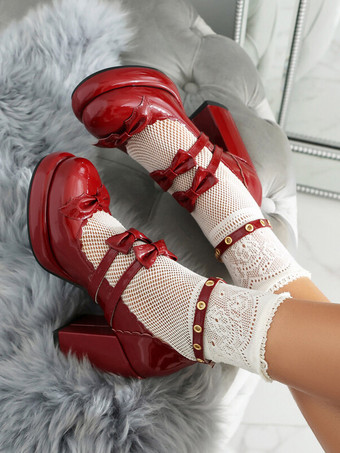 スイートロリータフットウェア 赤いリボン メタルディテール ラウンドトゥ パテントPUアッパー ロリータシューズ