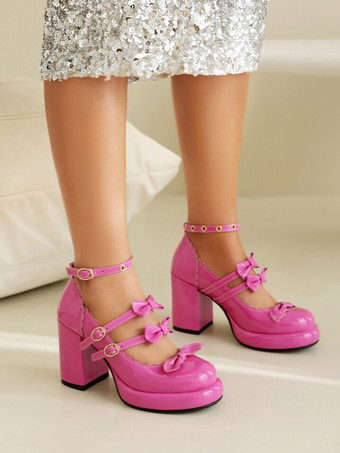 スイートロリータフットウェア 赤いリボン メタルディテール ラウンドトゥ パテントPUアッパー ロリータシューズ