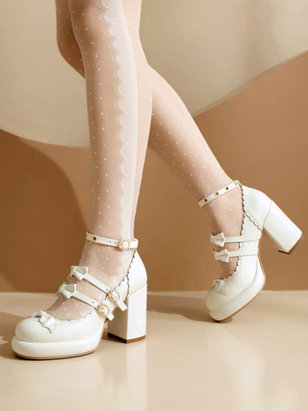 ホワイト スイートロリータフットウェア 赤いリボン メタルディテール ラウンドトゥ パテントPUアッパー ロリータシューズ