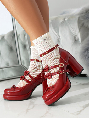 Calzado dulce de Lolita con lazos rojos detalles de metal punta redonda parte superior de PU de charol zapatos de Lolita