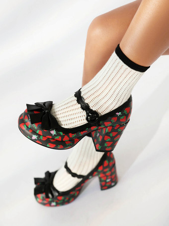 ブラック スイートロリータフットウェア ホワイトリボンアップリケ PUレザー チャンキーヒール ロリータパンプス