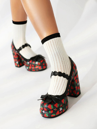 スイートロリータフットウェア ホワイトリボンアップリケ PUレザー チャンキーヒール ロリータパンプス