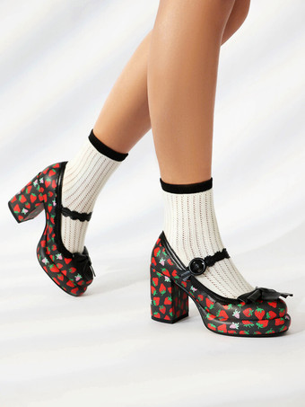 スイートロリータフットウェア ホワイトリボンアップリケ PUレザー チャンキーヒール ロリータパンプス