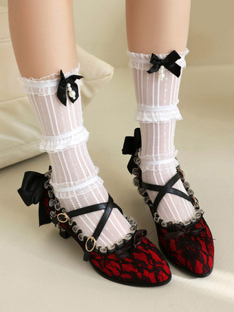スイートロリータフットウェア 赤いレースのリボン 丸いつま先レースロリータシューズ