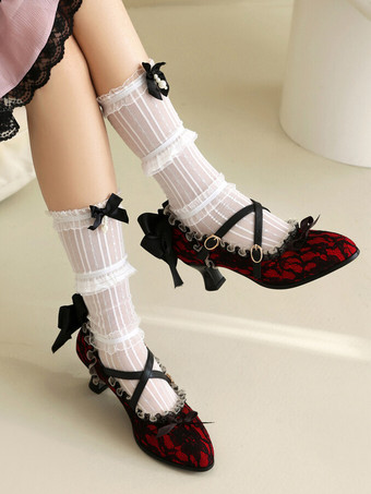 スイートロリータフットウェア 赤いレースのリボン 丸いつま先レースロリータシューズ