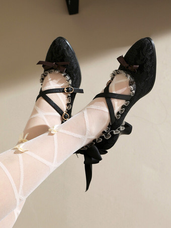 スイートロリータフットウェア 赤いレースのリボン 丸いつま先レースロリータシューズ