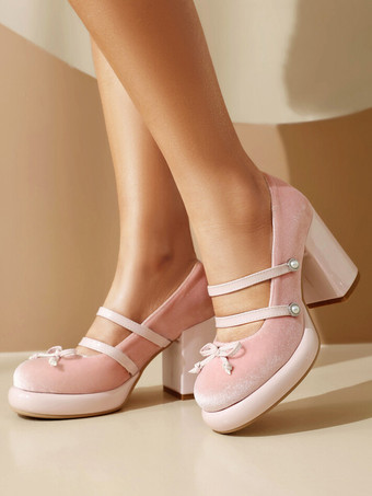 ピンク スイートロリータフットウェア レッドメタルディテール リボン ヌバック チャンキーヒール ロリータパンプス