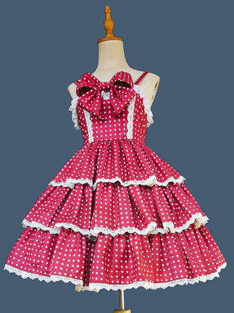 レッドスイートロリータドレス ポリエステル ノースリーブ リボン おとぎ話のロリータドレス