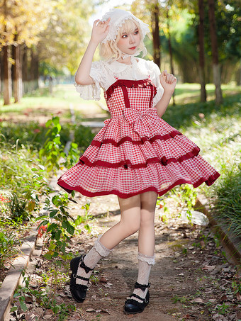 レッド スイートロリータドレス ポリエステル ノースリーブ リボン おとぎ話のロリータドレス