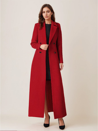 レッド グレー ウール ブレンド コート レディース ラペル ベルト付き ダブルブレスト シック フルレングス ラップ アウターウェア 2025