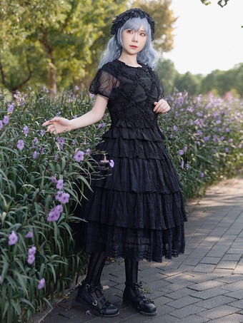 ゴシックロリータブラウス インファンタロリータトップ ブラック 半袖 プリーツ レース ロリータシャツ