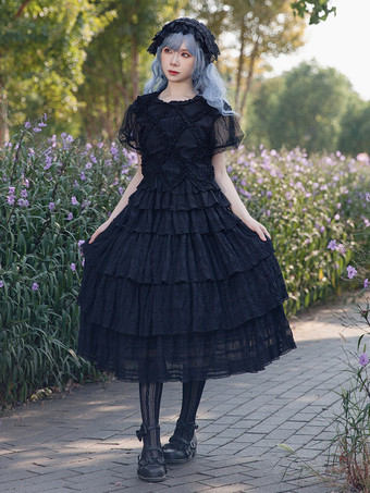 ゴシックロリータブラウス インファンタロリータトップ ブラック 半袖 プリーツ レース ロリータシャツ