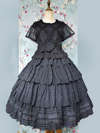 Gothic Lolita Blusen Infanta Lolita Top Schwarzes kurzärmliges Lolita-Shirt mit plissierter Spitze