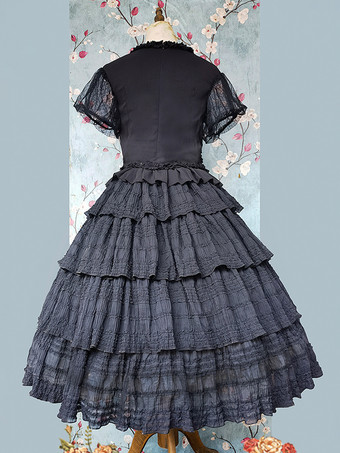 ゴシックロリータブラウス インファンタロリータトップ ブラック 半袖 プリーツ レース ロリータシャツ