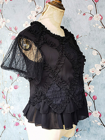 ゴシックロリータブラウス インファンタロリータトップ ブラック 半袖 プリーツ レース ロリータシャツ