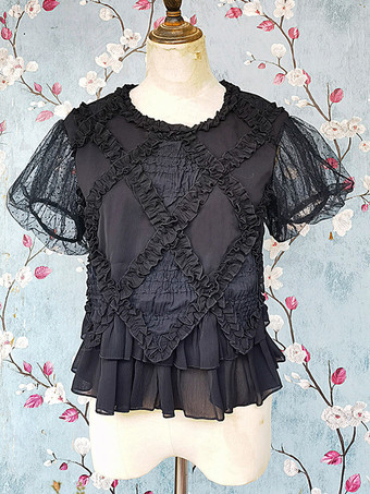 ゴシックロリータブラウス インファンタロリータトップ ブラック 半袖 プリーツ レース ロリータシャツ