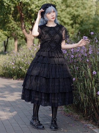 ゴシックロリータブラウス インファンタロリータトップ ブラック 半袖 プリーツ レース ロリータシャツ