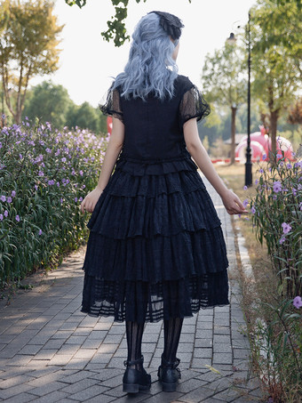 ゴシックロリータブラウス インファンタロリータトップ ブラック 半袖 プリーツ レース ロリータシャツ