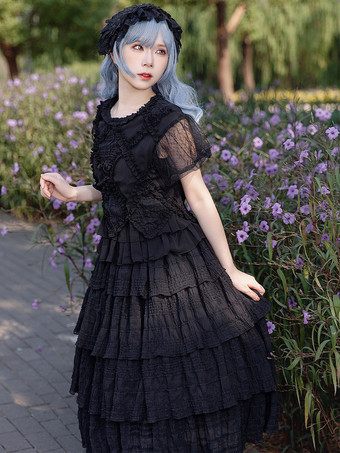 ゴシックロリータブラウス インファンタロリータトップ ブラック 半袖 プリーツ レース ロリータシャツ