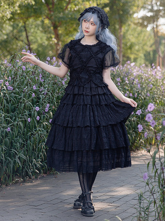 ゴシックロリータブラウス インファンタロリータトップ ブラック 半袖 プリーツ レース ロリータシャツ