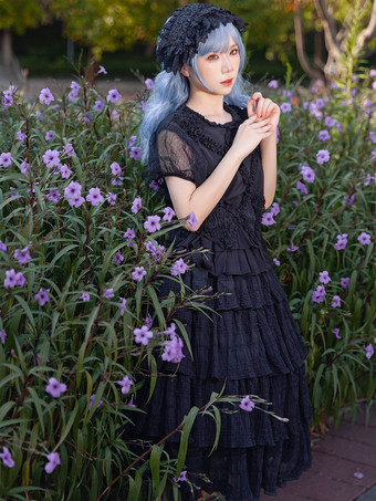 ゴシックロリータブラウス インファンタロリータトップ ブラック 半袖 プリーツ レース ロリータシャツ