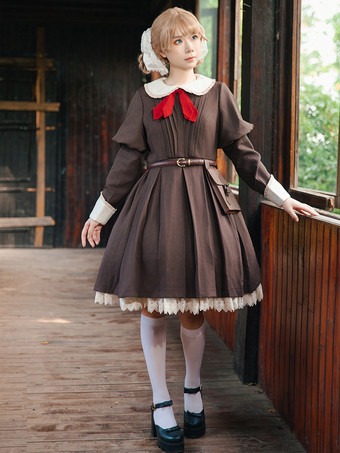 タンカラークラシカルなロリータドレス ポリエステル 結び目 ロリータドレス 長袖 クラシック ブラック