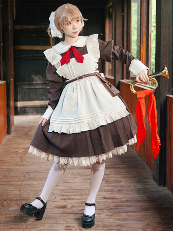 クラシカルなロリータドレス ポリエステル 結び目 ロリータドレス 長袖 クラシック ブラック