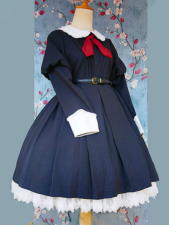クラシカルなロリータドレス ポリエステル 結び目 ロリータドレス 長袖 クラシック ブラック