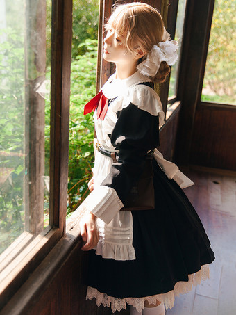 クラシカルなロリータドレス ポリエステル 結び目 ロリータドレス 長袖 クラシック ブラック