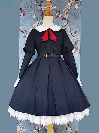 クラシカルなロリータドレス ポリエステル 結び目 ロリータドレス 長袖 クラシック ブラック