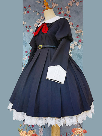 クラシカルなロリータドレス ポリエステル 結び目 ロリータドレス 長袖 クラシック ブラック