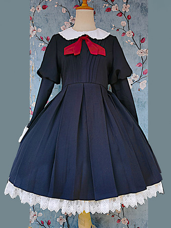 クラシカルなロリータドレス ポリエステル 結び目 ロリータドレス 長袖 クラシック ブラック