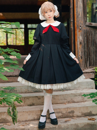 クラシカルなロリータドレス ポリエステル 結び目 ロリータドレス 長袖 クラシック ブラック