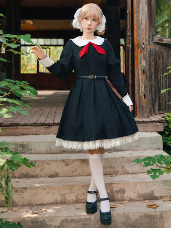 ブラック クラシカルなロリータドレス ポリエステル 結び目 ロリータドレス 長袖 クラシック ブラック