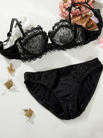 ブラック ランジェリー 2ピース レース ホワイト ブラ パンティ ソング セット