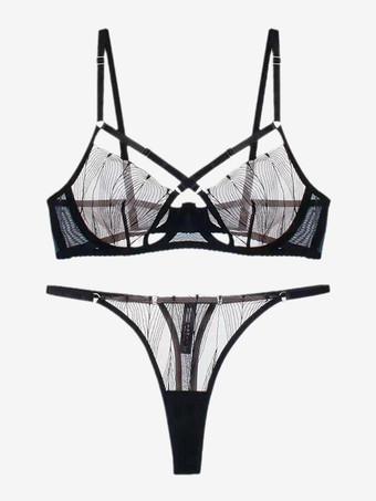 メッシュ シアー シースルー シック ランジェリー 2ピース ブラック ブラ パンティ セット